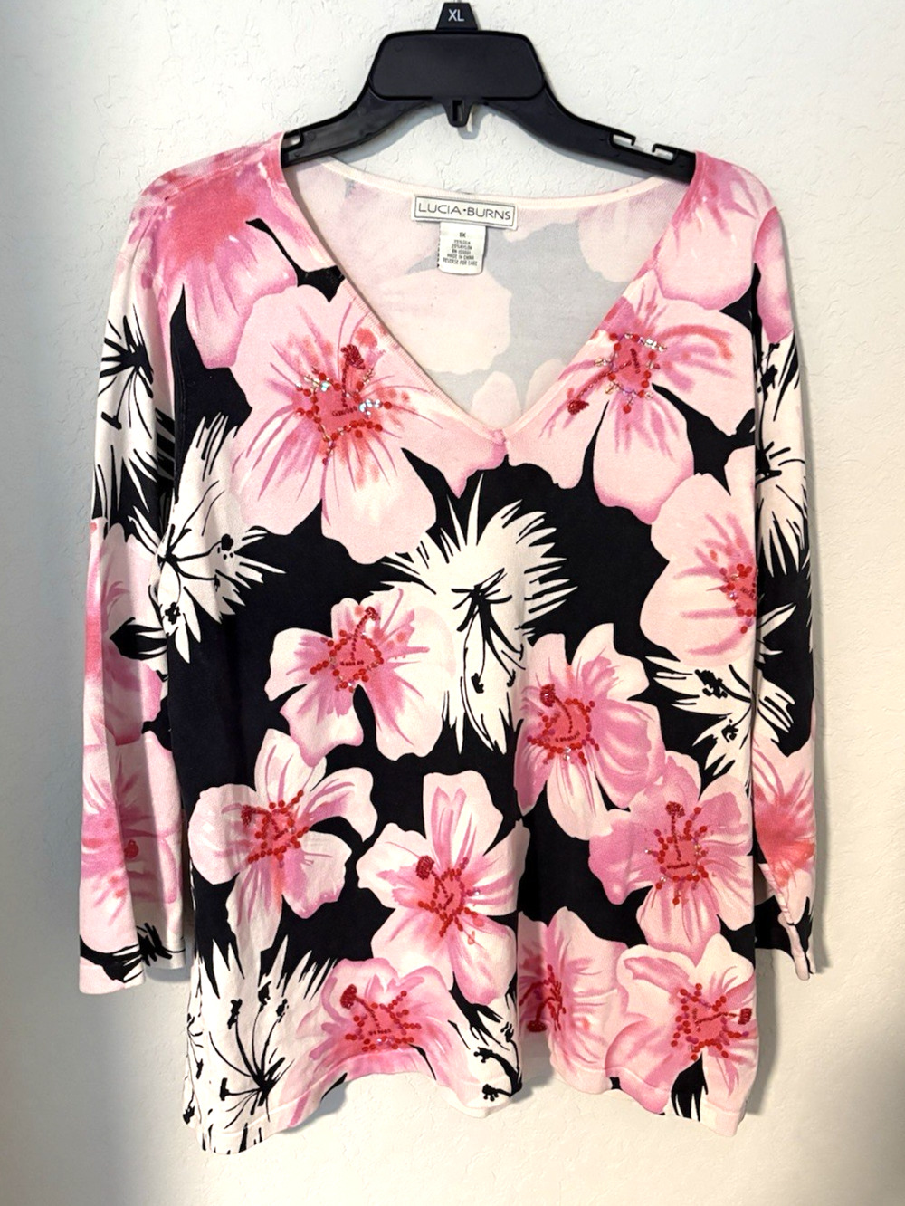 Vintage Lucia Burns Pink & Black Floral Silk Blend V-Neck 3/4 Sleeve Top 1X